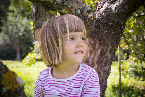 Porträt eines kleinen Mädchens, das auf einem Apfelbaum sitzt, lizenzfreies Stockfoto