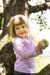 Porträt eines lächelnden kleinen Mädchens, das auf einem Apfelbaum mit angebissenem Apfel sitzt - LVF001793