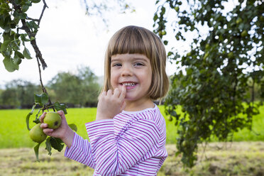 Portrait of smiling little girl holding twig of a pear tree - LVF001800