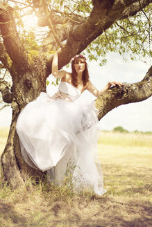 Bride wearing white wedding dress sitting on a tree trunk - AFF000072