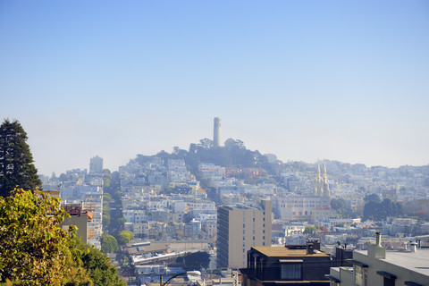 USA, Kalifornien, San Francisco, Blick von der Lombard Street auf Telegraph Hill mit Coit Tower, lizenzfreies Stockfoto