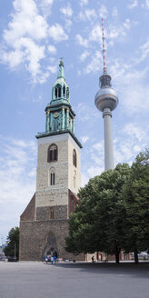 Germany, Berlin, view to St. Mary's Church and television tower at Alexanderplatz - WIF001005