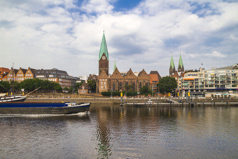 Germany, Bremen, river Weser and old town with Bremen Cathedral and St. Martin's Church stock photo