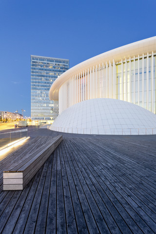 Luxembourg, Kirchberg, Philharmonie Luxembourg in the evening, Architect Christian de Portzamparc stock photo