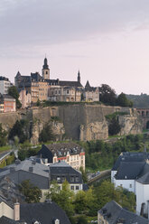 Luxembourg, Luxembourg City, View to the city district Grund, Saint Michael's Church in the background, morning light - MSF004259