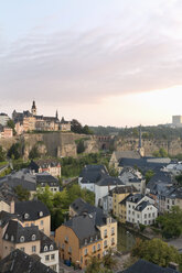 Luxembourg, Luxembourg City, View to the city district Grund, Saint Michael's Church in the morning light - MS004261