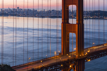 USA, California, San Francisco, skyline and Golden Gate Bridge at the blue hour seen from Hawk Hill - FOF007041