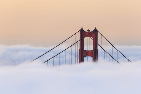 USA, Kalifornien, San Francisco, Golden Gate Bridge im Nebel vom Hawk Hill aus gesehen, lizenzfreies Stockfoto