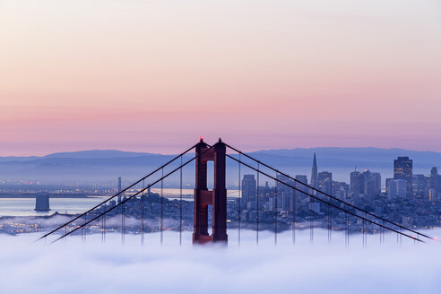 USA, California, San Francisco, skyline and Golden Gate Bridge in fog seen from Hawk Hill - FOF007013
