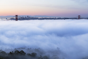 USA, Kalifornien, San Francisco, Skyline und Golden Gate Bridge im Nebel vom Hawk Hill aus gesehen - FOF007018