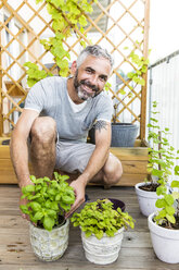 Porträt eines lächelnden Mannes bei der Gartenarbeit auf seinem Balkon - MBEF001104