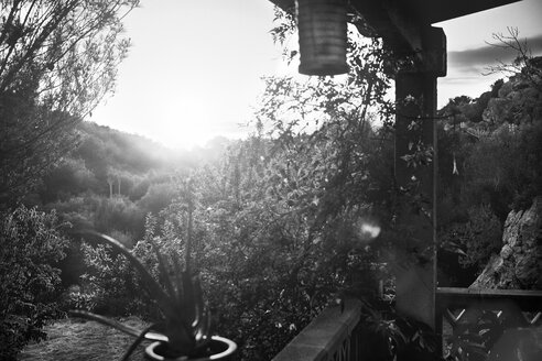 Spain, Majorca, view from porch to rural landscape in sunlight - KOF000004