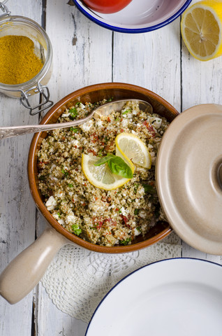 Tabouleh with vegetables and sheep cheese stock photo