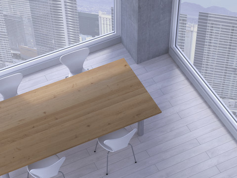 Tisch mit Stühlen in einem Besprechungsraum eines modernen Büros, 3D Rendering, lizenzfreies Stockfoto