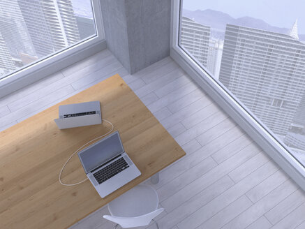 Tisch mit zwei angeschlossenen Laptops, 3D-Rendering - UWF000170