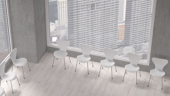 Stuhlreihe in einem Raum eines modernen Bürogebäudes, 3D Rendering - UWF000172