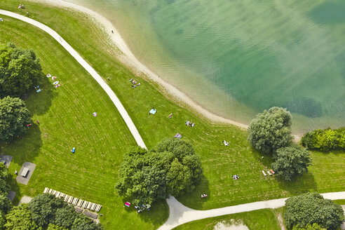 Germany, Bavaria, Feldkirchen, aerial view of people at lakeshore - KDF000022