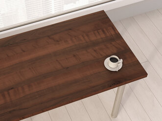 Tasse Kaffee auf Holztisch in einem Büro, 3D Rendering - UWF000181