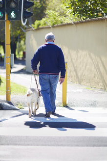 Ein sehbehinderter Mann überquert mit seinem Blindenhund eine Straße - ZEF000996