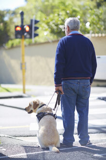 Ein sehbehinderter Mann wartet mit seinem Blindenhund an einer Fußgängerampel - ZEF000999