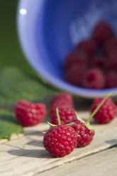 Schale und Himbeeren auf Holztisch - YFF000246