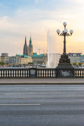 Germany, Hamburg, Inner Alster Lake, view from the Lombard bridge in the evening light - RJF000280