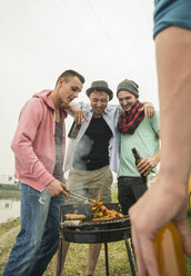 Group of friends drinking beer and having a barbecue - UUF001863