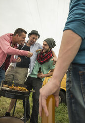 Group of friends drinking beer and having a barbecue - UUF001864