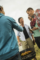 Group of friends drinking beer and having a barbecue - UUF001871