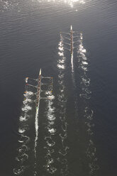 Elevated view of two rowing eights in water - ZEF000454