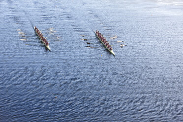 Elevated view of two rowing eights in water - ZEF000458