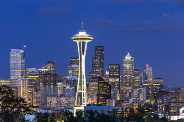 USA, Washington State, skyline of Seattle with Space Needle at blue hour - FOF007108