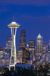USA, Washington State, skyline of Seattle with Space Needle at blue hour - FOF007106
