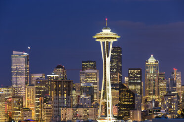 USA, Washington State, skyline of Seattle with Space Needle at blue hour - FOF007105