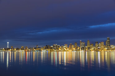 USA, Washington State, Puget Sound and skyline of Seattle with Space Needle at blue hour - FOF007115