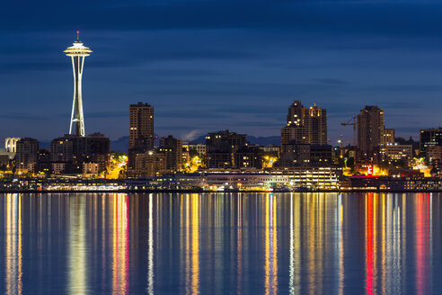 USA, Washington State, Puget Sound and skyline of Seattle with Space Needle at blue hour - FOF007116