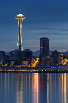 USA, Washington State, Puget Sound and skyline of Seattle with Space Needle at blue hour - FO007118