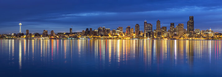 USA, Washington State, Puget Sound and skyline of Seattle with Space Needle at blue hour - FOF007120