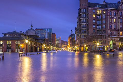 Germany, Hamburg, Fishmarket with the historic auction hall on the left inundated during a storm flood stock photo