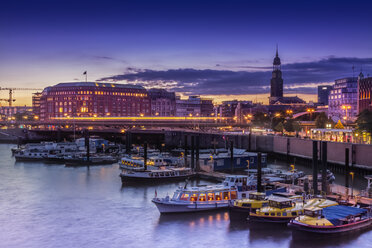 Germany, Hamburg, Inner Habour and St. Michaelis church during sunset - NKF000180