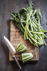 Dandelion leaves, Taraxacum Officinale, and knife on a cutting board - SBDF001271