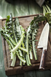 Dandelion leaves, Taraxacum Officinale, and knife on a cutting board - SBDF001272