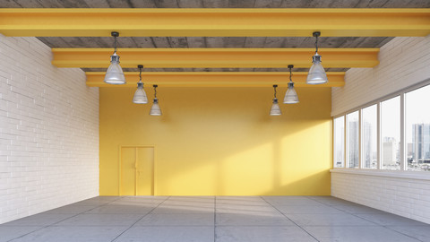 Empty loft with yellow wall, 3D Rendering stock photo