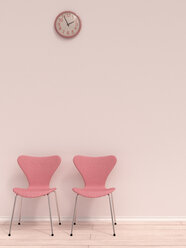Zwei rosa Stühle und eine Wanduhr in einem Wartezimmer, 3D Rendering - UWF000197