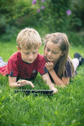 Bruder und Schwester liegen auf einer Wiese und benutzen ein digitales Tablet - SARF000865