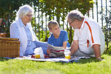 Großeltern mit Enkelsohn beim Picknick im Park - ZEF001121