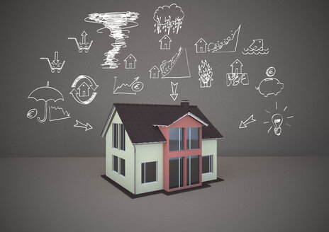 3D-Rendering, Familienhaus mit Zeichnungen von Hausgefahren - ALF000220