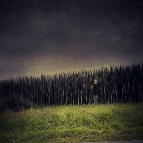 Germany, man standing at maizefield stock photo