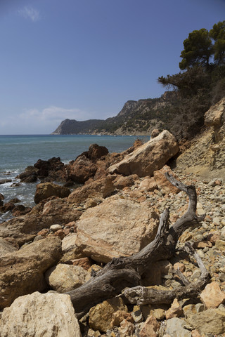 Spain, Balearic Islands, Ibiza, Cala Es Cubells, Meditteranean Sea stock photo
