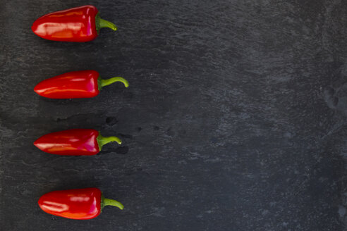 Reihe von vier Jalapenos, Capsicum annuum, auf Schiefertafel - LVF001947